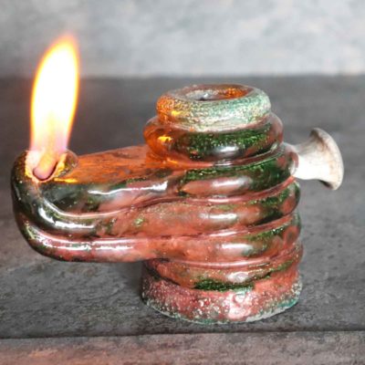 Lampada ad olio realizzata in ceramica raku con la tecnica colombino di tradizione antica- art clay raku