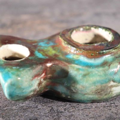 Lampada in ceramica raku antichizzata di stile romano antico, funziona ad olio