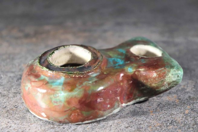 Lampada ceramica raku antichizzata funzionante ad olio, stile romano antico,color turchese,rame e verde;fatta a mano, ottimo oggetto d'arredo