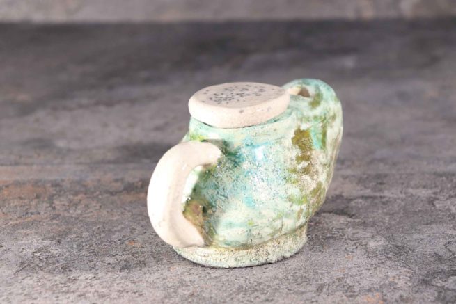 Lampada Aladino di ceramica raku antichizzata funzionante ad olio