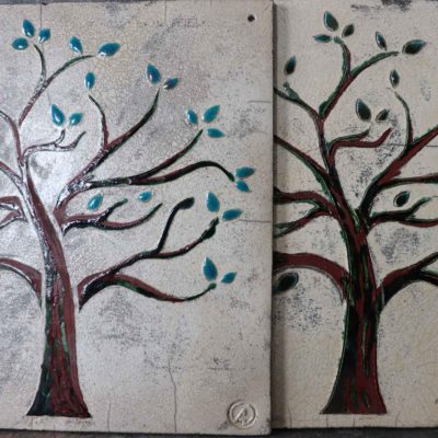 Albero della vita quadro raku ceramica foglie verdi e blu