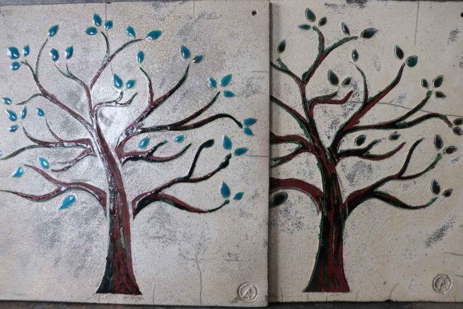 Albero della vita quadro raku ceramica foglie verdi e blu