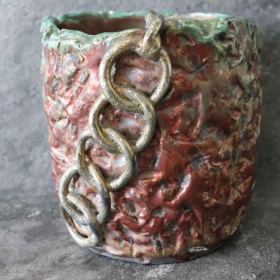  Vaso raku " catena d'oro" color rame con sfumature turchese in ceramica artistica raku. Manufatto artigianale creato e decorato interamente a mano.