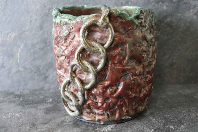  Vaso raku " catena d'oro" color rame con sfumature turchese in ceramica artistica raku. Manufatto artigianale creato e decorato interamente a mano.