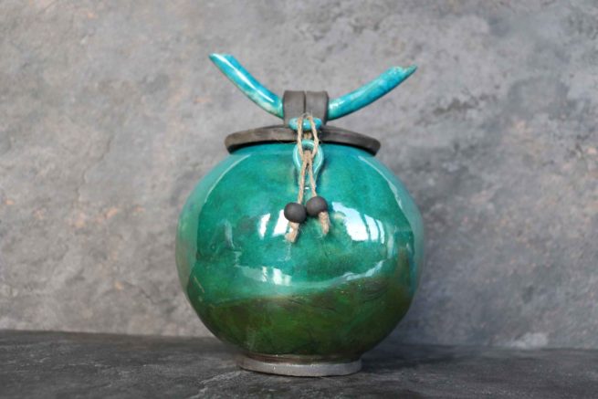 Vaso Raku stile Giapponese - turchese e verde